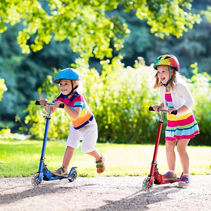 Дитячий ролер GOPLUS Roller Kinder 4 роки з LED-колесами, гальмом на задньому колесі та підніжкою, регульований по висоті, легкий алюмінієвий, складної конструкції, до 70 кг, блакитний