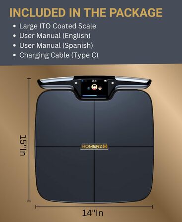 Розумні ваги Homerz Smart Scale Pro: біометричний аналізатор складу тіла з WiFi та Bluetooth, вимірювання ІМТ, жиру та м'язів, чорний, Large