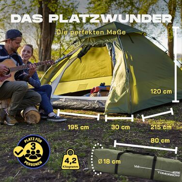 Намет Lumaland Outdoor Kuppelzelt - 2-3 особи, 215x195x120 см, зелений. Ідеальний для кемпінгу, подорожей, фестивалів та трекінгу