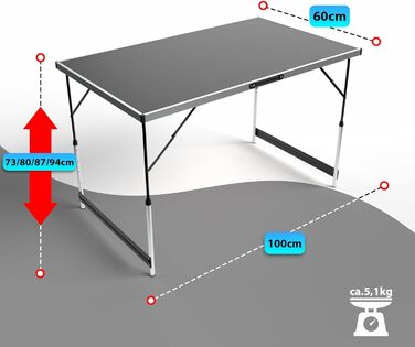Складаний кемпінговий стіл BigDean 100x60 см з регульованою висотою та стійкою перекладиною - до 30 кг