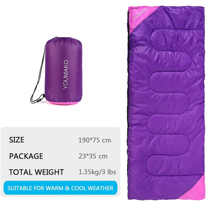 Сплячий мішок для дорослих та дітей – легкий, водонепроникний, зручний для весни, літа, осені – для походів, подорожей, кемпінгу (Рожево-червоний)