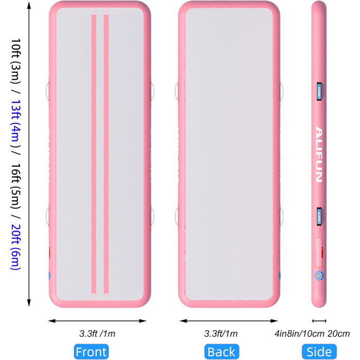ALIFUN Гімнастичний надувний мат та акробатики надувний, 2/3/4/6 м, 10/20 см товщина, з насосом, для дому, фітнесу, тренувань, челедингу, басейну, світло-рожевий, 300x100x15 см