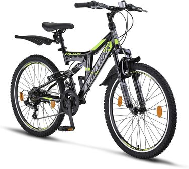 Гірський велосипед Chillaxx Bike Falcon, 24/26/27.5/29 дюймів, для хлопців, дівчат, жінок і чоловіків, дискові гальма, 21 швидкість, повна амортизація, чорний/лайм, V-гальма