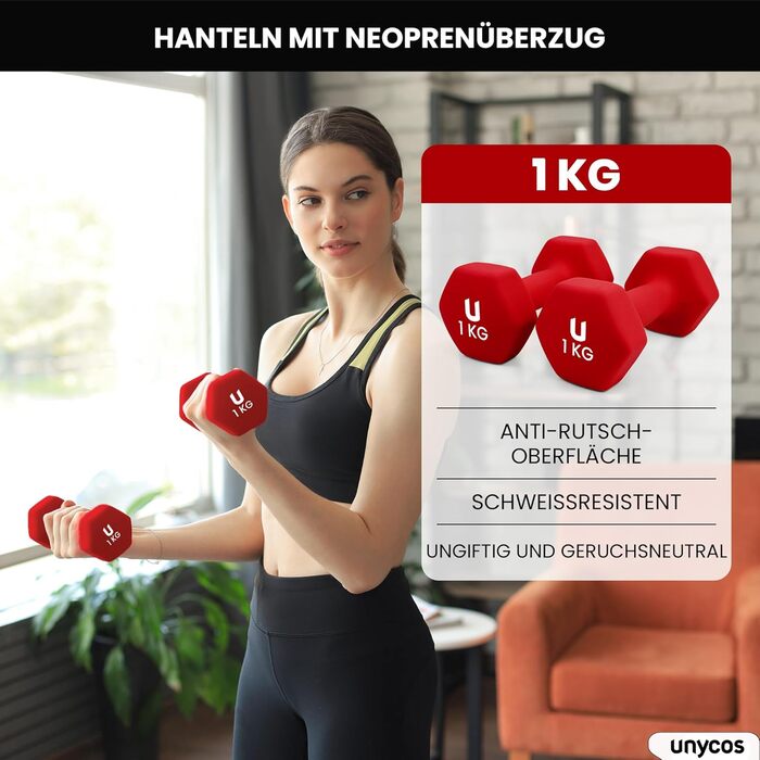 Гантелі неопренові Unycos 2 шт. 1-10 кг, шісткутні, антиковзаючі для фітнесу, силових тренувань, пілатесу та дому (#13 Червоний, 2 x 1 кг)