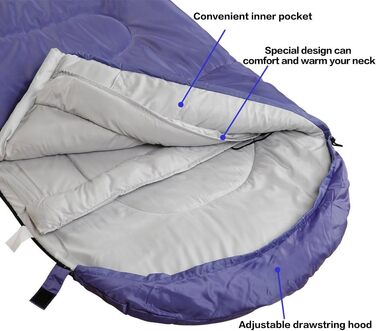 Сплячий мішок SOULOUT 3-4 сезони - Водонепроникний, легкий, 220 x 83 см (фіолетовий, блискавка справа)