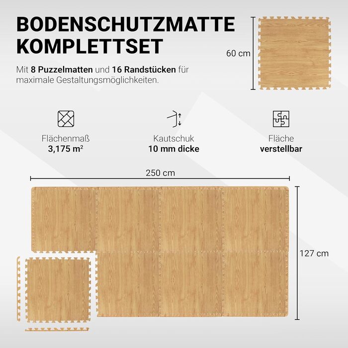 Набір захисних пазл-матів для підлоги MSPORTS Premium (8 шт, 3.2 м²) — протиковзаючий килимок для йоги, фітнесу та тренувань у домашньому залі, дизайн під світле дерево