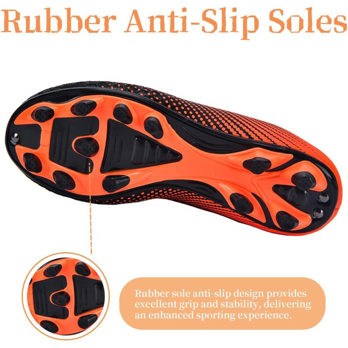 Дитячі футбольні бутси для хлопчиків та дівчаток, футбольні черевики з шипами для твердого поля, дитячі спортивні взуття для тренувань та занять на відкритому повітрі, дихаючі, антиковзкі, унісекс, розмір 28-37, 36 EU, чорний, оранжевий
