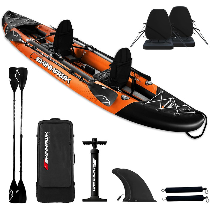 Надувний каяк SKINHAWK Exclusiv Orange 380x96 см для 2 осіб, комплект для сплаву, помаранчевий каное-шлюпка