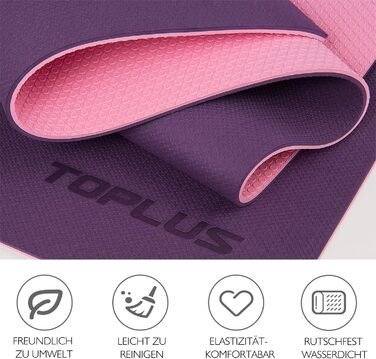 Гімнастичний килимок TOPLUS, йога-мат, фіолетовий, нековзний, м'який, з ременем для перенесення, для фітнесу, пілатесу та гімнастики