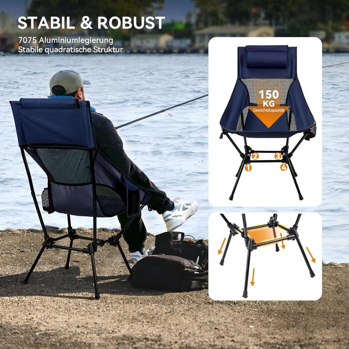 Складний туристичний стілець Hochlehner з підголівником, 150 кг, ультралегкий, портативний, для кемпінгу, риболовлі, пляжу, відпочинку на природі та піших прогулянок (Indigoblau)