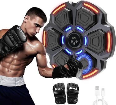 Музичний боксерський тренажер Snawowo для дорослих з LED підсвіткою та Bluetooth - Електронний боксерський тренажер з рукавичками, 9 режимів і режимом рахунку, чорний