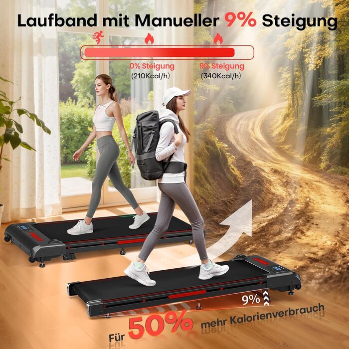 Бігова доріжка Walking Pad для дому з нахилом 9%, швидкість 1-10 км/год, потужність 2.5HP, LED-дисплеєм, дистанційним керуванням та 12 програмами, амортизація, до 150 кг, чорно-червона