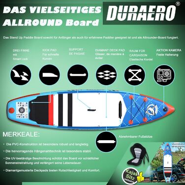 Надувна SUP-дошка для сапбордингу 330x76x15 см з комплектом: каяк-сидінням, кріпленням для камери, інтегрованим кікпадом, 3 плавниками, регульованим двостороннім веслом, повним набором аксесуарів, вантажопідйомністю до 150 кг