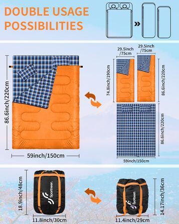 Сплячий мішок Outdoor Sportneer для 2 осіб: двомісний спальний мішок на 3 сезони, 220x150 см, 2.75 кг з 2 подушками, для дорослих, оранжевий (без фланелевої підкладки)