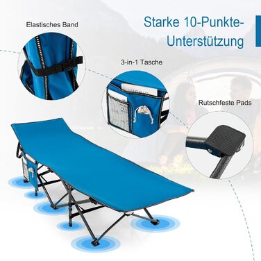 Розкладне ліжко SOARS для кемпінгу та відпочинку: стабільне металеве ліжко з кишенею та сумкою, до 272 кг, для саду, відпочинку на природі та в приміщенні (зелений/блакитний)