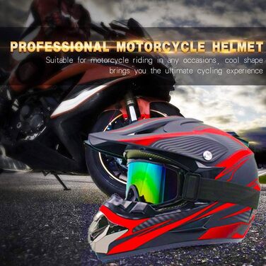 Мотошолом Racing Motocross з окулярами та рукавичками (4 шт.) - комплект для катання на мотоциклі, dirt bike, off-road, для дорослих та дітей, червоні лінії, L (56-57 см)