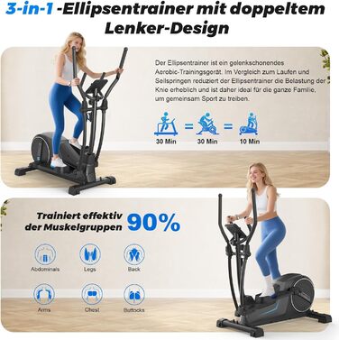 Еліптичний тренажер Neezee для дому: тихий, з 16 рівнями опору, 8 кг маховиком, LCD-дисплеєм (Bluetooth), до 150 кг, чорний