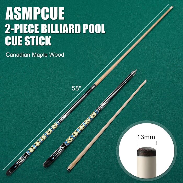 ASMPCUE Більярдний кий 58'' 20oz з чохлом з PU шкіри, канадський клен, 13mm наконечники, для професійних гравців, жовтий