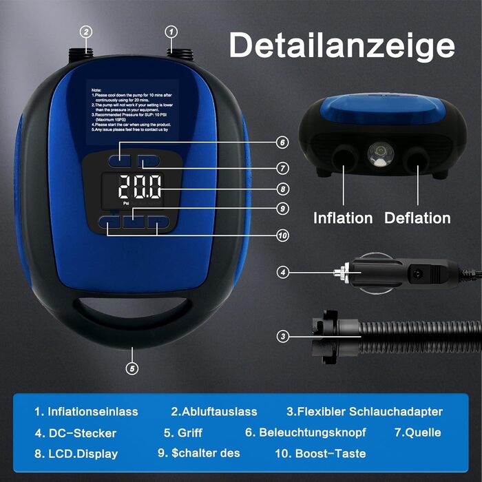 Електричний насос для SUP та човнів, 20psi, автоматичне вимкнення, Dark Blue