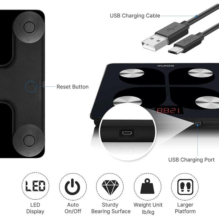 Розумні ваги RENPHO з Bluetooth, USB, аналіз складу тіла, для вимірювання жиру, ІМТ, м'язової маси, води, білка, з додатком, 280 мм