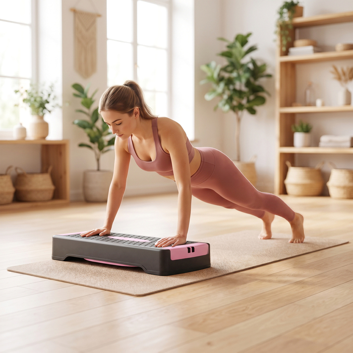 Регульована aerobic-платформа для фітнесу (2 рівні: 11/16 см) з 2 еспандерами та антиковзаним килимком, рожева