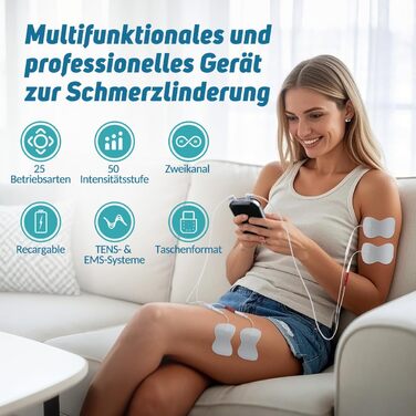 Пристрій TENS для терапії болю, EMS, 2 канали, 25 режимів, 50 рівнів інтенсивності, 10 електродів (чорний)