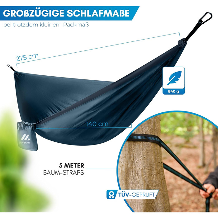 Гамак NORDMUT® Ultraleicht Outdoor з комплектом кріплень. Гамак для кемпінгу, відпочинку на природі та в саду. Максимальне навантаження 300 кг. Зелений (140x275 см, Синій)