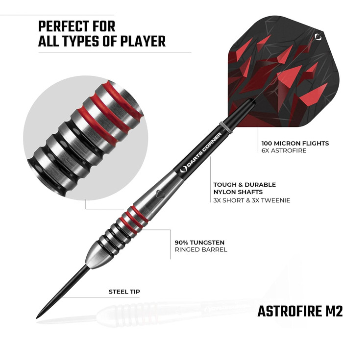Набір дартсів Darts Corner Astrofire 21 г — 90% вольфрам, сталеві наконечники, 6 флайтів, 6 шафтів, кейс, картка, кільця