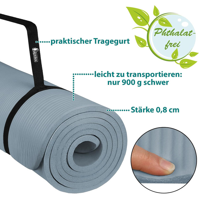 Йога мат ALPIDEX 183x60x0.8 см - нетоксична фітнес-мат з E-Book, ремінком, протиковзким покриттям для гімнастики, йоги, пілатесу, фітнесу, HIIT, фізіотерапії (Ice Blue)