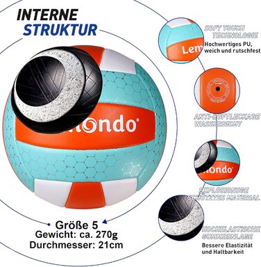 Волейбольний м'яч Lemondo, розмір 5 - м'який PU-м'яч з насосом - для залу та вулиці - водонепроникний та неслизький - для пляжу, залу, тренувань (з насосом)