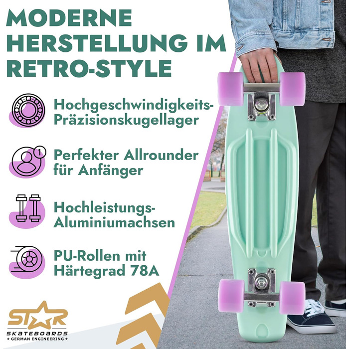 Скейтборд BIKESTAR Vintage Retro Cruiser 60мм для дітей та дорослих, для початківців від 6-8 років