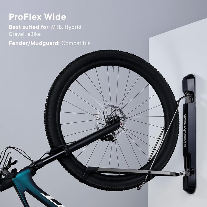 Тримач для велосипеда Steadyrack ProFlex Wide: настінна поворотна підставка для гірських велосипедів, вантажопідйомність 35 кг, підходить для коліс 20'-29' та шин 2.1'-2.8', компактне зберігання