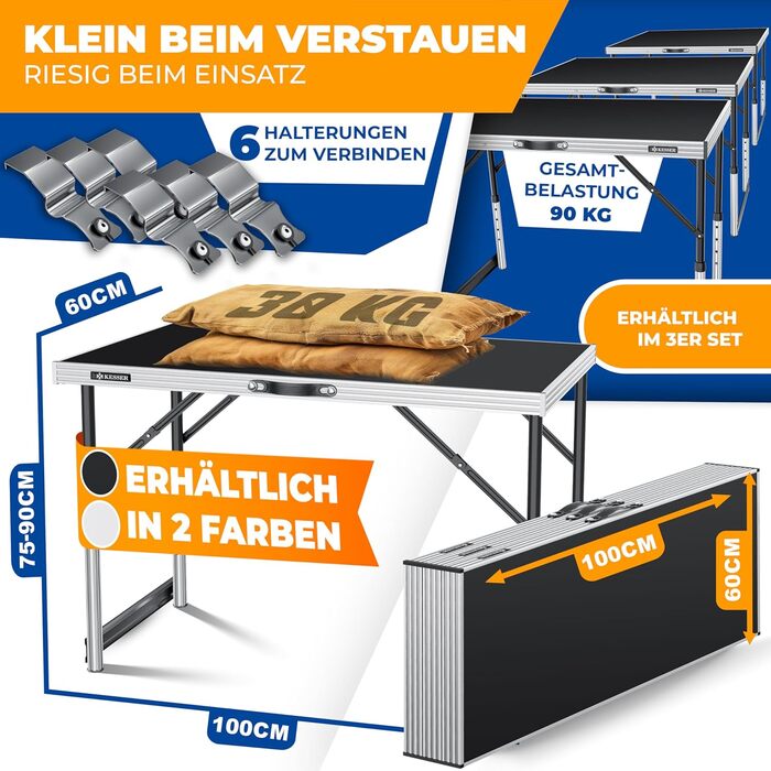 KESSER® Багатофункціональний стіл Profi 3-частини, 100x60 см, чорний. Стіл для обклеювання, ярмарку, кемпінгу, висота регулюється, вантажопідйомність 90 кг