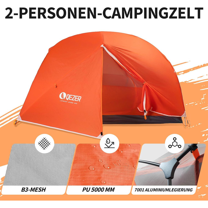 Намет кемпінговий купольний Campingzelt на 1-2 особи, водонепроникний, вітростійкий, для походу, кемпінгу та активного відпочинку (помаранчевий)