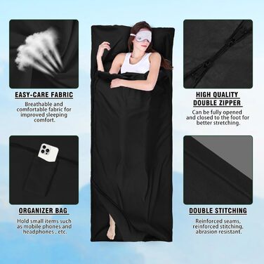 Спальний мішок туристичний бавовна, ультралегкий, для кемпінгу та піших прогулянок, з двостороннім замком, чорний