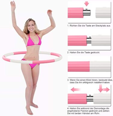 Обруч для фітнесу BLAIKOYI Hula Hoop для дорослих, 8 секцій, регульована вага 1,2-3,5 кг, сталевий сердечник, для схуднення, біло-рожевий