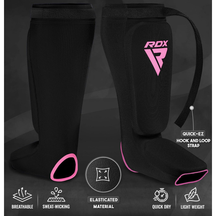 Наколінники та щитки для ніг RDX для кікбоксингу, тайського боксу, ММА, муай-тай. Захист для чоловіків та жінок. Чорний, рожевий колір.