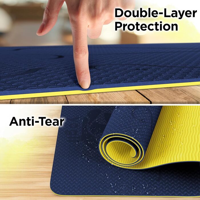 Килимок для йоги Yogii Yoga Matte: преміум TPE, 183x61x0.6 см, антиковзання, синій/золотий