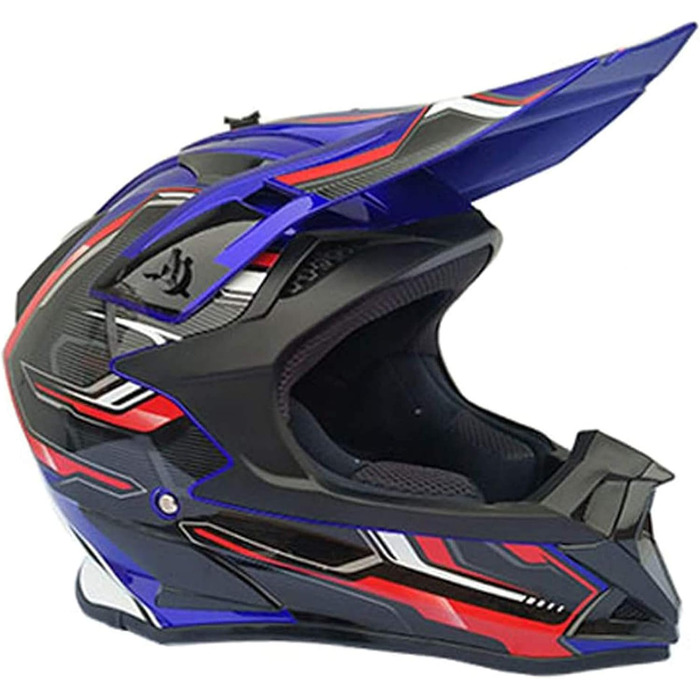 Мотошолом YASE Cross для мотокросу/ендуро/даунхілу, повний захист обличчя, з окулярами, для мопеда/ATV/MTB (чорний/синій/червоний, M (54-55 см))