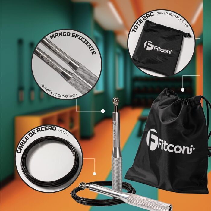 Скакалка Fitconi для кросфіту (алюміній) + 3 кабелі + стрічка, професійний, висока швидкість, подвійні стрибки, бокс, MMA