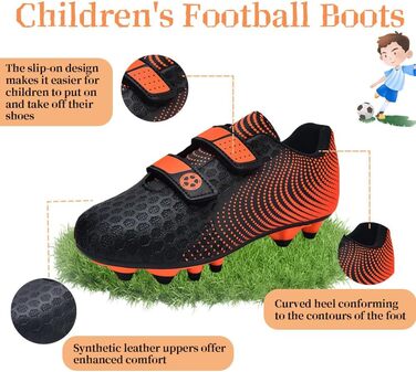 Дитячі футбольні бутси для хлопчиків та дівчаток, футбольні черевики з шипами для твердого поля, дитячі спортивні взуття для тренувань та занять на відкритому повітрі, дихаючі, антиковзкі, унісекс, розмір 28-37, 36 EU, чорний, оранжевий