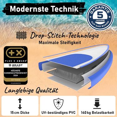 Надувний SUP Board BRAST з LED-підсвіткою | Комплект для станд-ап паддлінгу | 320x81x15см | 4 дизайни | LED-підсвічування (10 кольорів) | 5 років гарантії | 2в1 (каяк, сидіння) | Тримач для Action-Cam | Петля для ноги (Shark Blue)