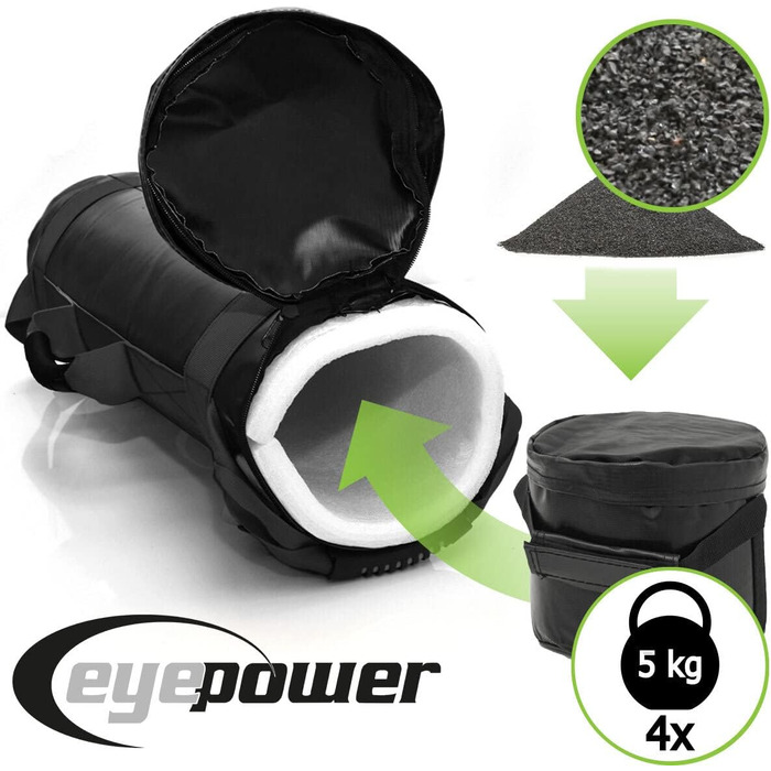 Eyepower професійний силовий мішок 20 кг + 4 водонепроникні кеглі з залізним піском, 6 ручок, фітнес сендбег для дому, тренажер для преса та спини, чорний