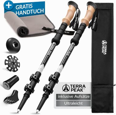 Trekking палки Terra Peak Premium, телескопічні, ультралегкі, карбон або алюміній, для чоловіків і жінок, з гумовими наконечниками, мікрофібровий рушник у комплекті, для трекінгу та скандинавської ходьби