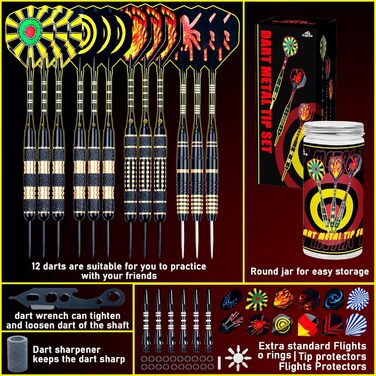 Дарти Alyoen 12 шт. металеві, 20/24/26 г, професійні, комплект з алюмінієвими стержнями, пір'ями, точилом, захистом та гумовими кільцями