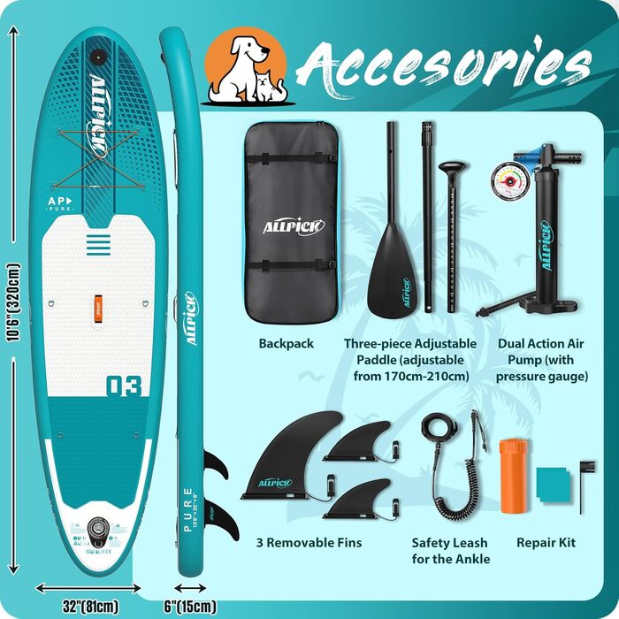 Надувний SUP-борд ALLPICK Premium Set: Комплектація для SUP-серфінгу, камера, аксесуари, регульоване весло, 200 кг, серо-зелений