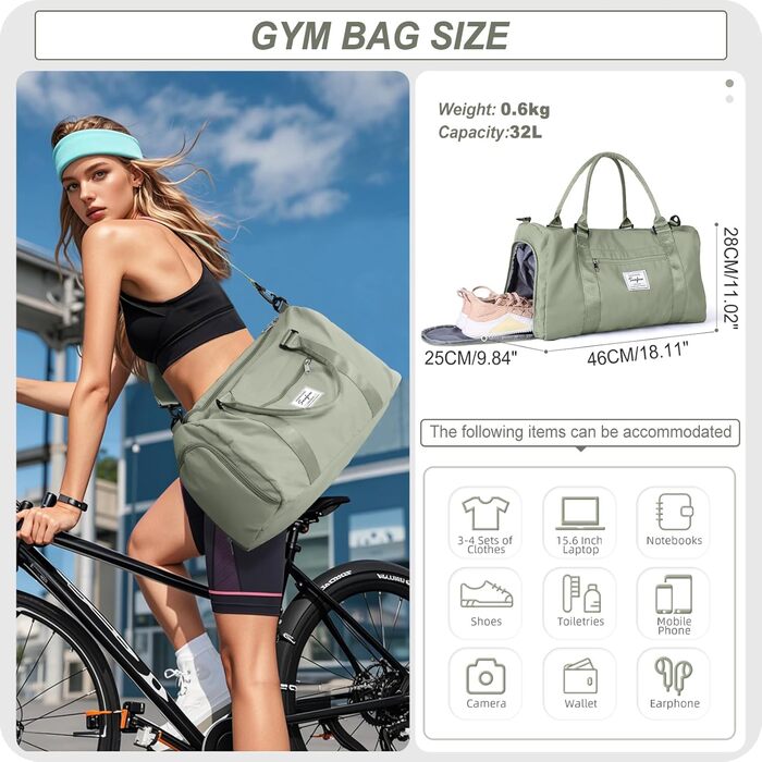 Спортивна сумка HYC00 для жінок та чоловіків, дорожня сумка-вояджер, Gym bag, сумка для плавання, йоги, тренувань, з відділенням для мокрого одягу та взуття, армійний зелений