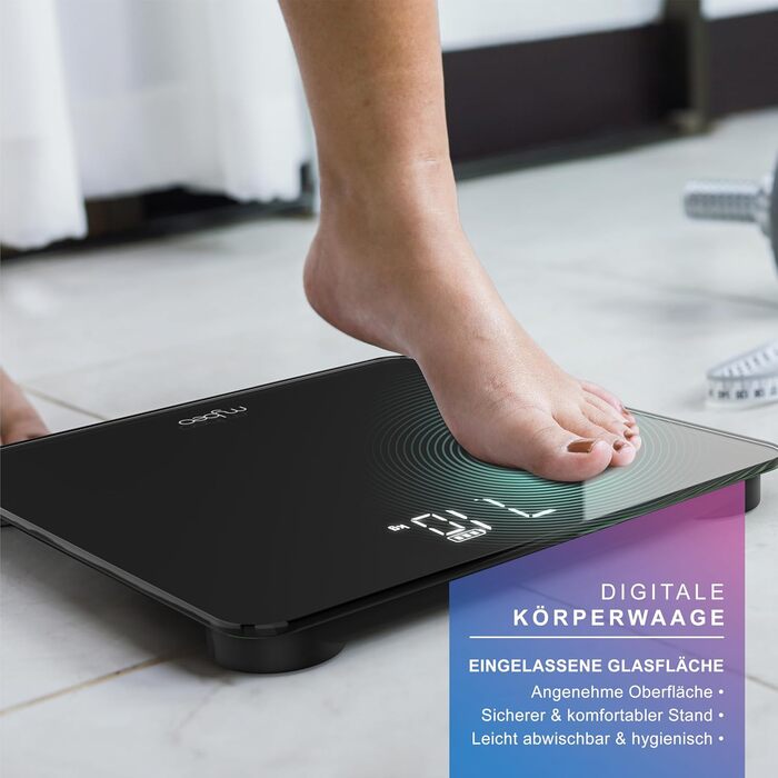 Електронні ваги MyBeo - ваги для тіла зі скла, 5-180 кг, великий LCD дисплей, kg/lb, датчики DMS, скло 6 мм, автоматичне вмикання, чорний колір