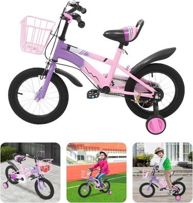Дитяче велосипед 14 дюймів для хлопчиків та дівчаток з додатковими колесами та кошиком, від 3 років, з двома гальмами, регульоване сидіння та кермо, фіолетовий
