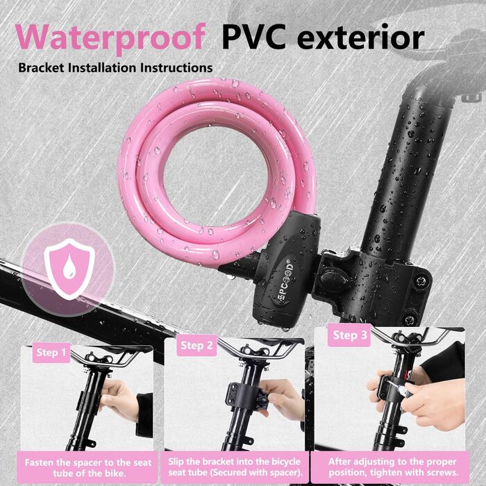 Замок для велосипеда 120см/12мм, високий рівень захисту, кабельне spiralkabelschloss з 2 ключами, протиугінний замок для велосипеда, триколісного велосипеда, мотоцикла, скутера (Рожевий)